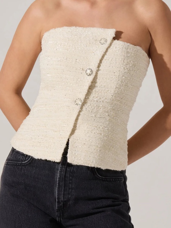 Astr Moina Asymmetrical Strapless Tweed Top
